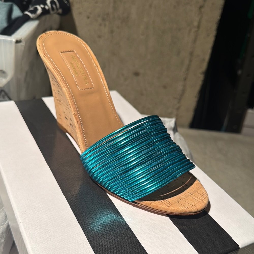 Aquazzura Blue and Tan Wedge Shoes